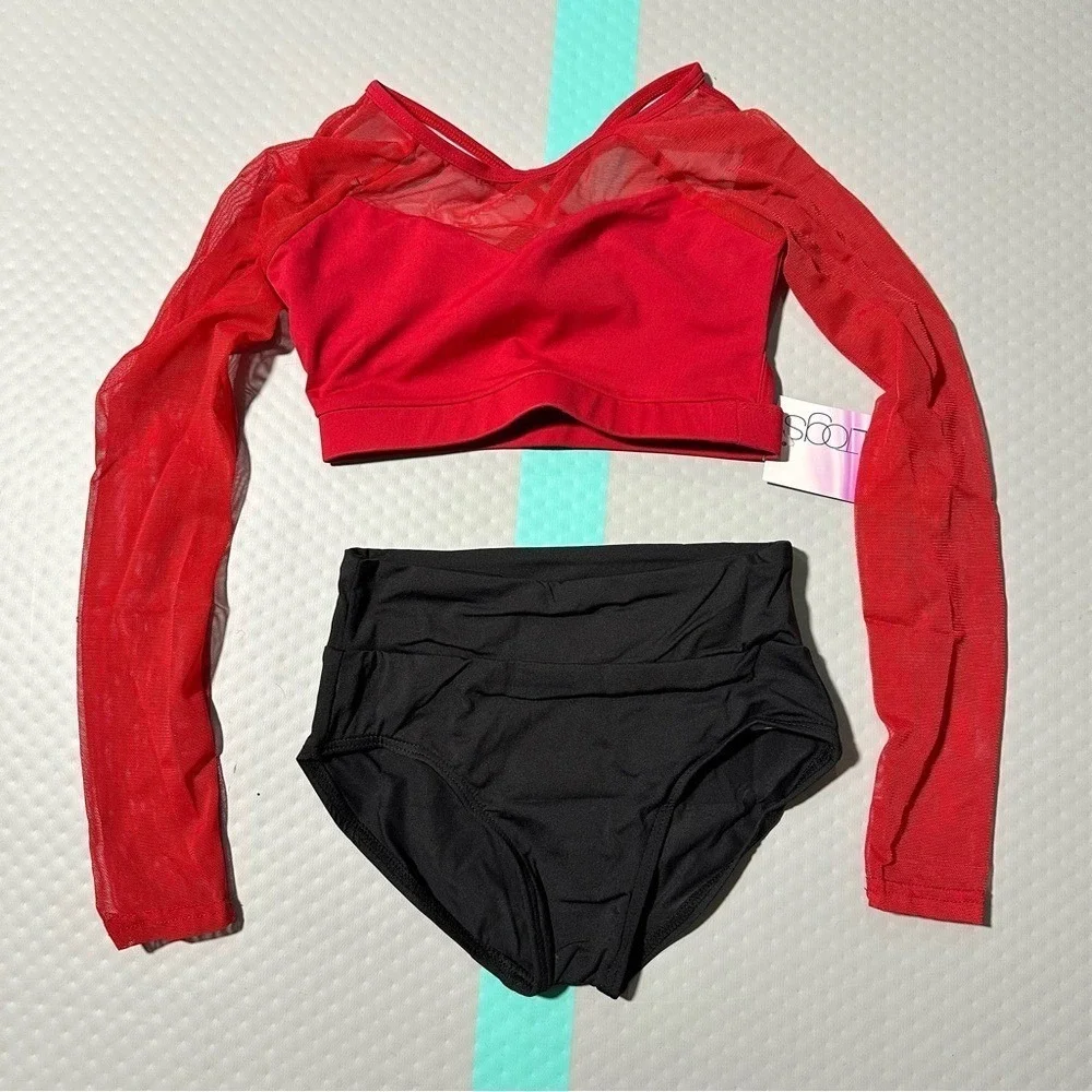 Baltogs 2 piece Dance set Red Long Sleeve Crop Top & Black High Waist Brief CL